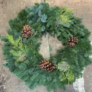 Classic 22"-24" Noble fir wreath w/ accented gold incense, juniper berry and natural pine cones.